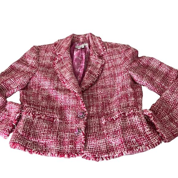 I.C.E. Pink Woven Silk Blend Suit Jacket Blazer Woman Size 6 Jewel Buttons - Picture 3 of 12